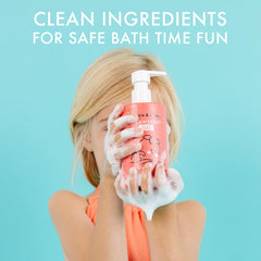 Bubbles in tub from Dabble & Dollop strawberry 3-in-1 for playful bath time.
