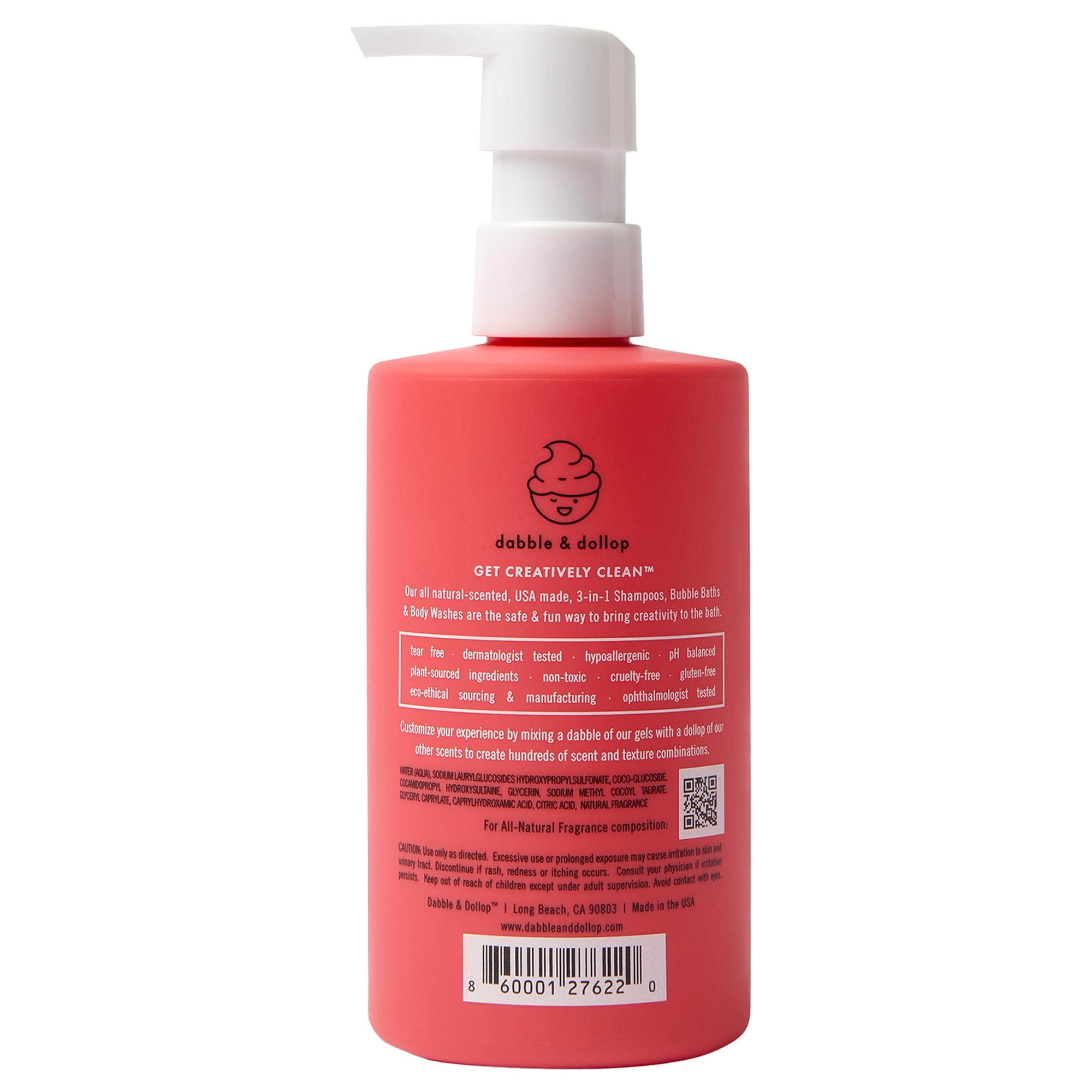 Ingredients label of Dabble & Dollop strawberry 3-in-1 emphasizing plant-based care.
