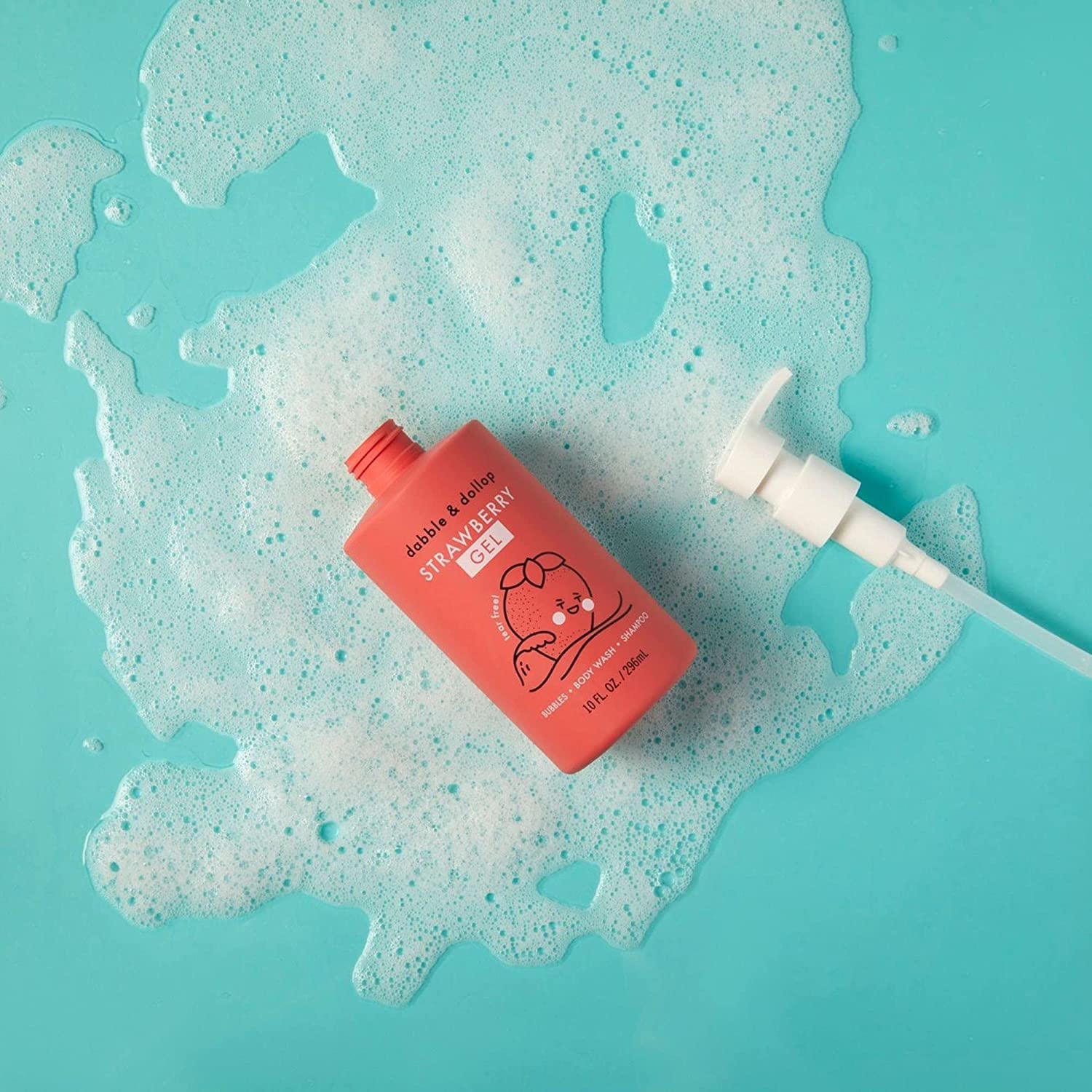 Dabble & Dollop strawberry 3-in-1 kids shampoo highlighting tear-free cleansing.