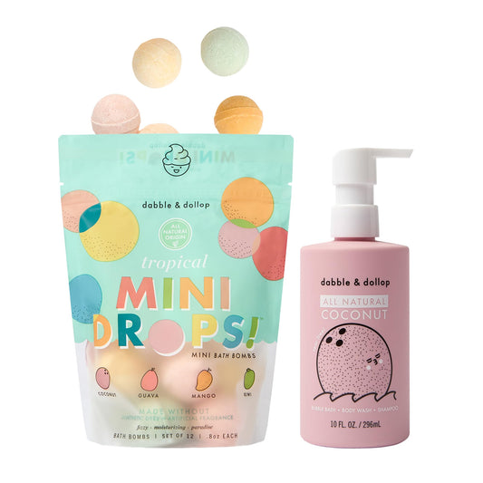 Dabble & Dollop Tropical Mini Bath Bombs in resealable pouch for easy storage.