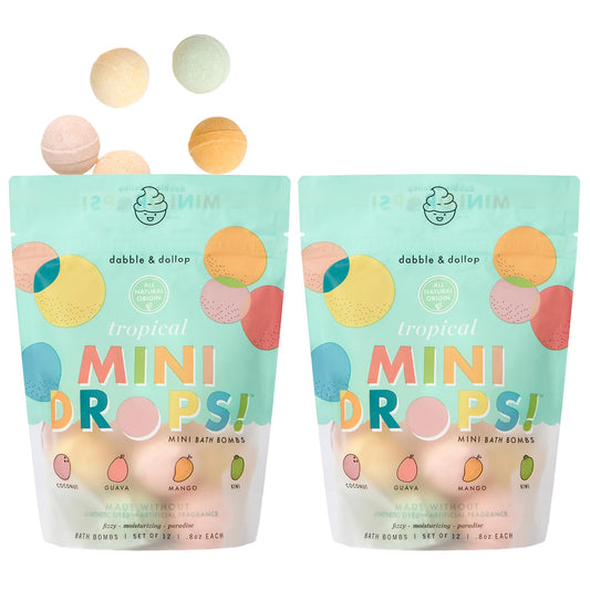 Dabble and Dollop tropical mini bath bombs in resealable pouch offer kid-friendly fizz