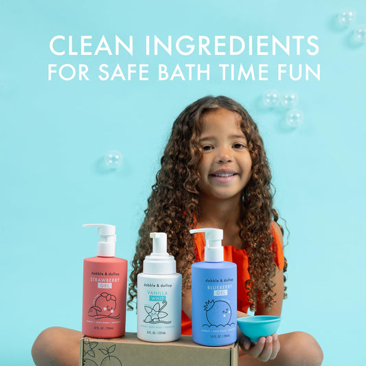 Dabble & Dollop 3-in-1 bottle showing bubbles, wash, and shampoo