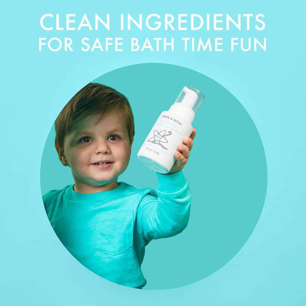 Dabble & Dollop Vanilla Whip bubbles for a playful, gentle bath.