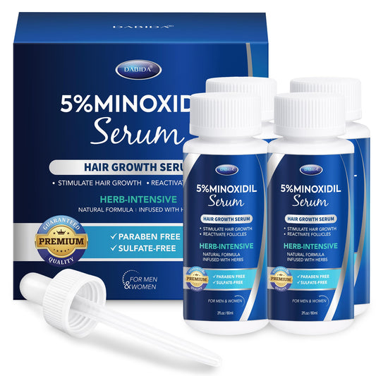 DABIDA 5-percent minoxidil bottle shown for targeted scalp support and potential regrowth.