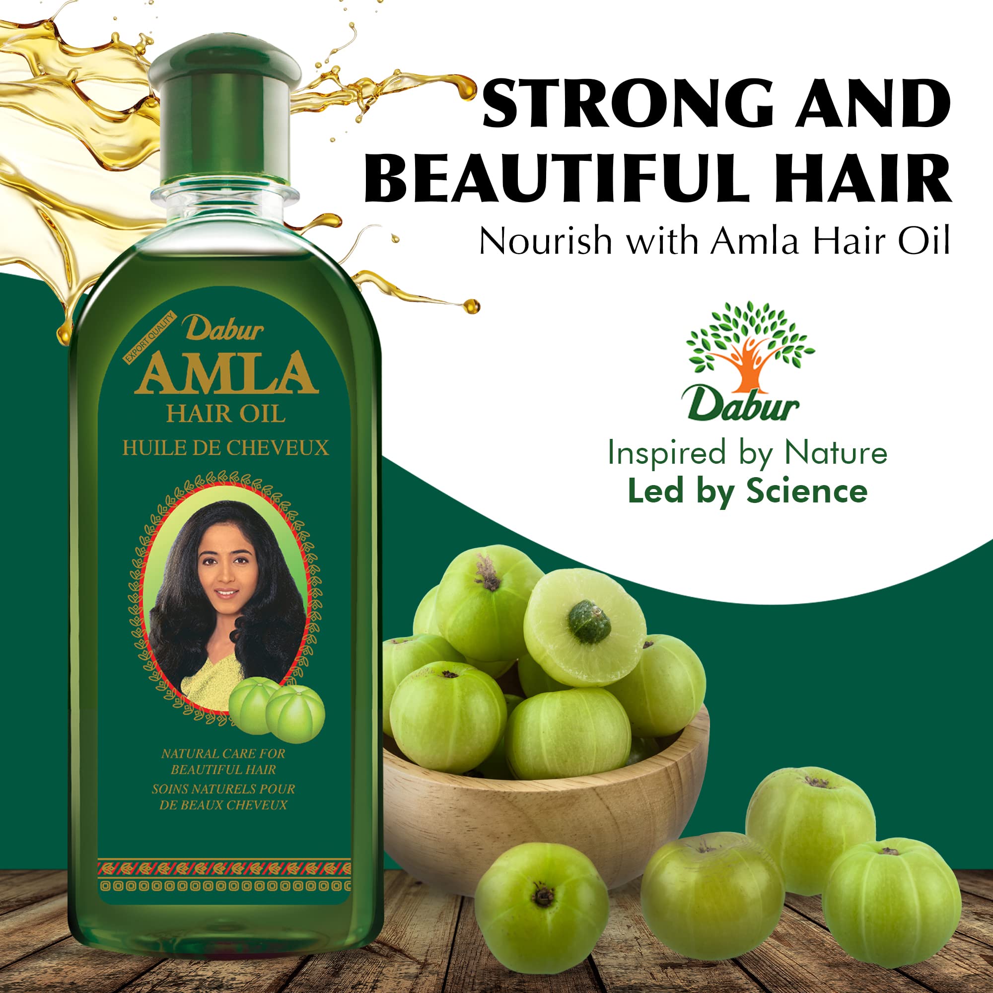 Dabur Amla Hair Oil label closeup emphasizes pure amla and botanical extracts.
