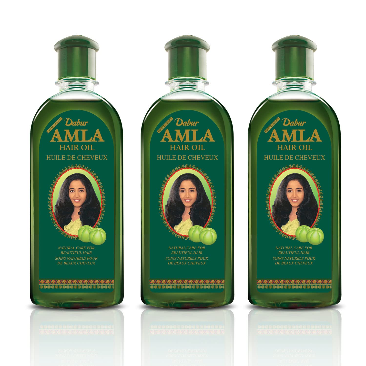 Dabur Amla Hair Oil pour action shown for easy application and hair shine.