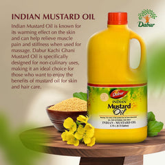 Dabur Kachi Ghani mustard oil being poured for massage and nourishment.