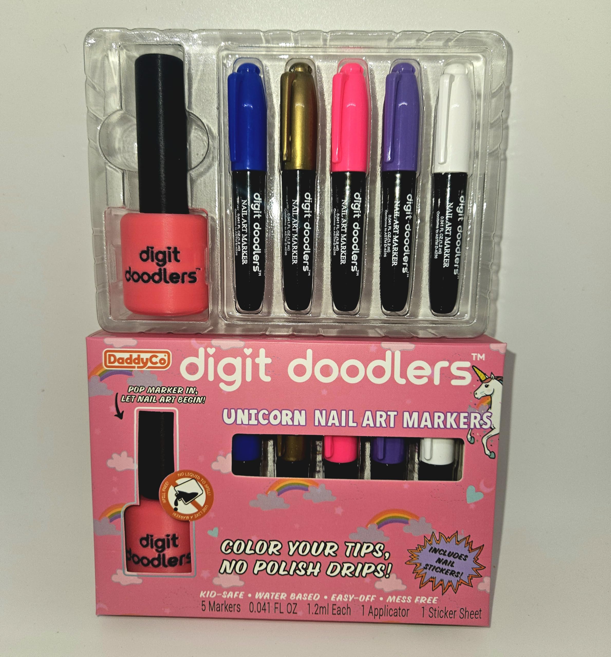 Five vibrant, water-based colors glide smoothly for easy coloring.