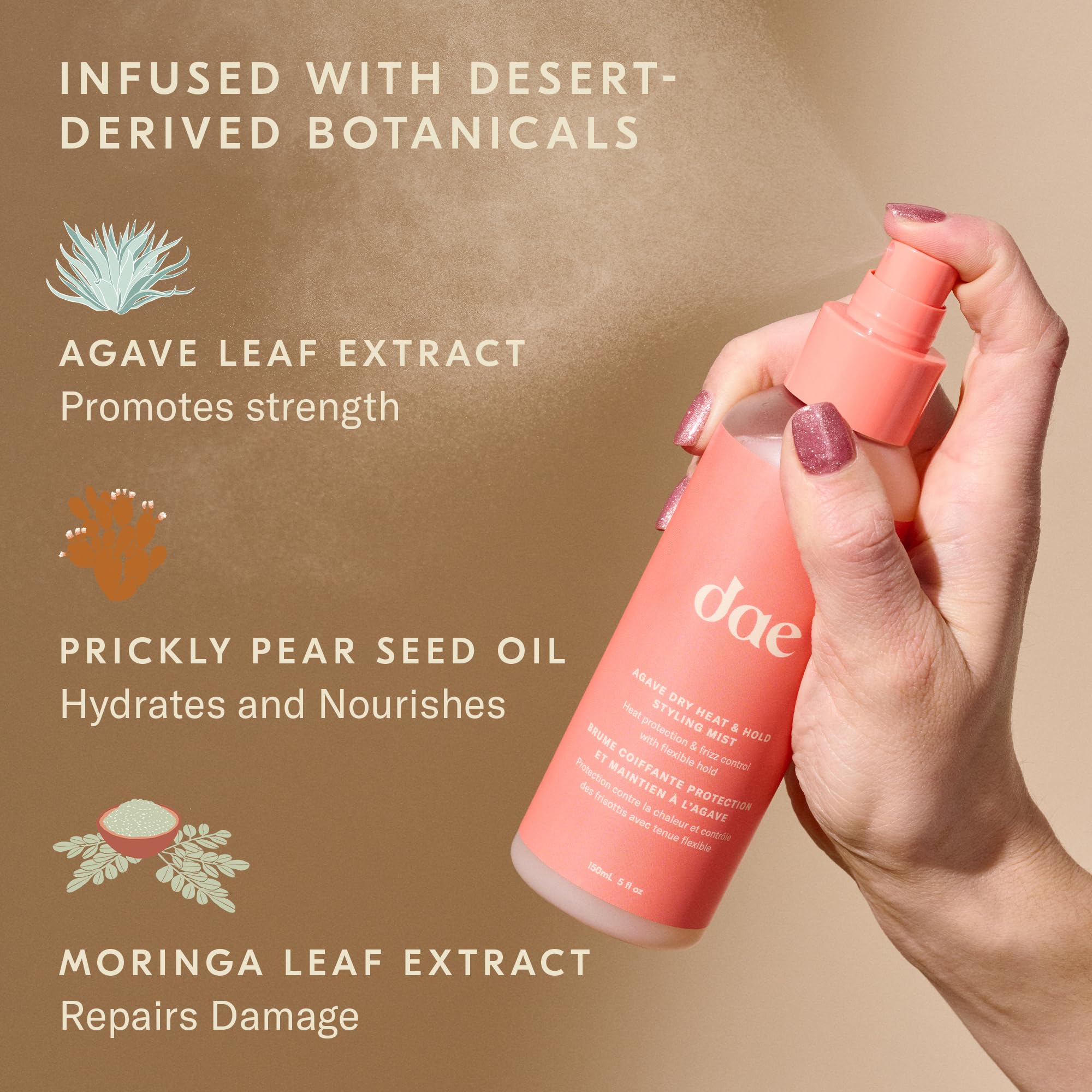 DAE Agave Dry Heat Protection Spray mist dispersing evenly for smooth, frizz-free styling.