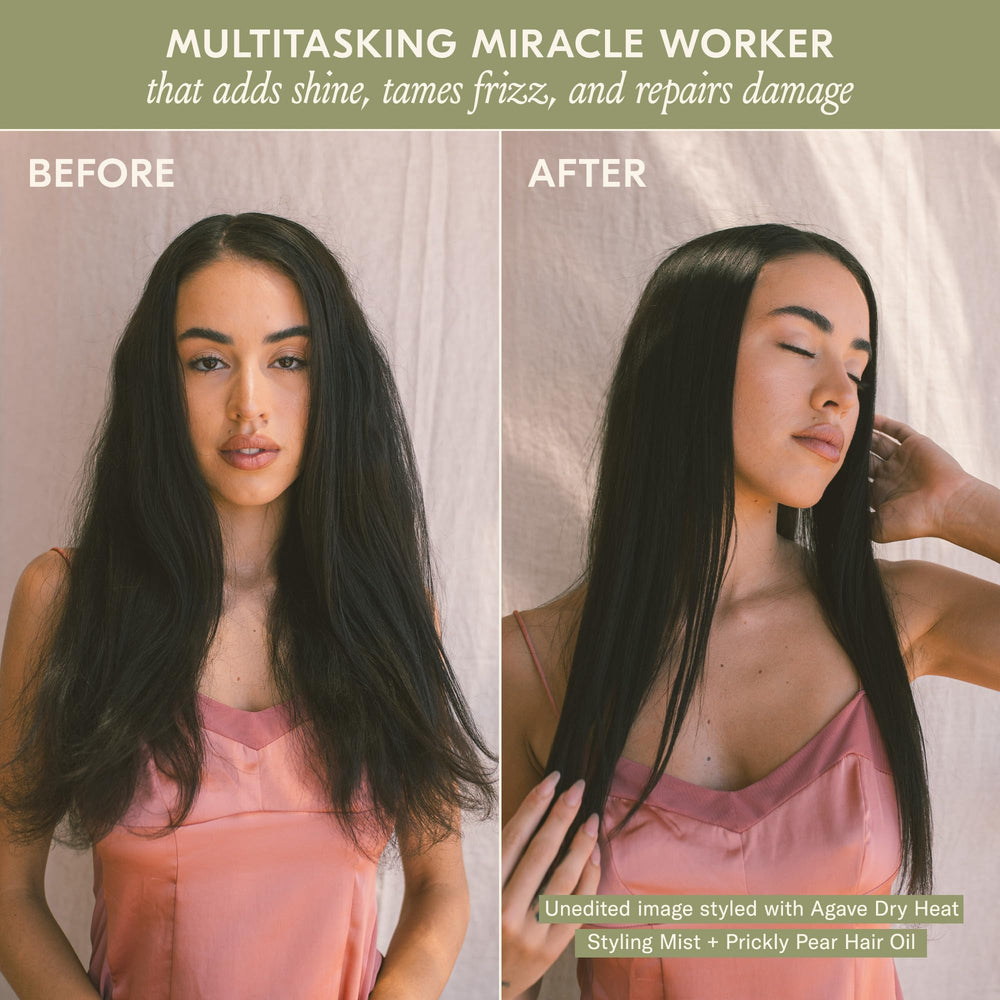 Hair strands look smoother with reduced frizz and enhanced shine