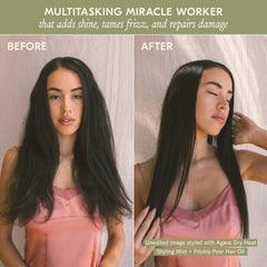 Hair strands look smoother with reduced frizz and enhanced shine