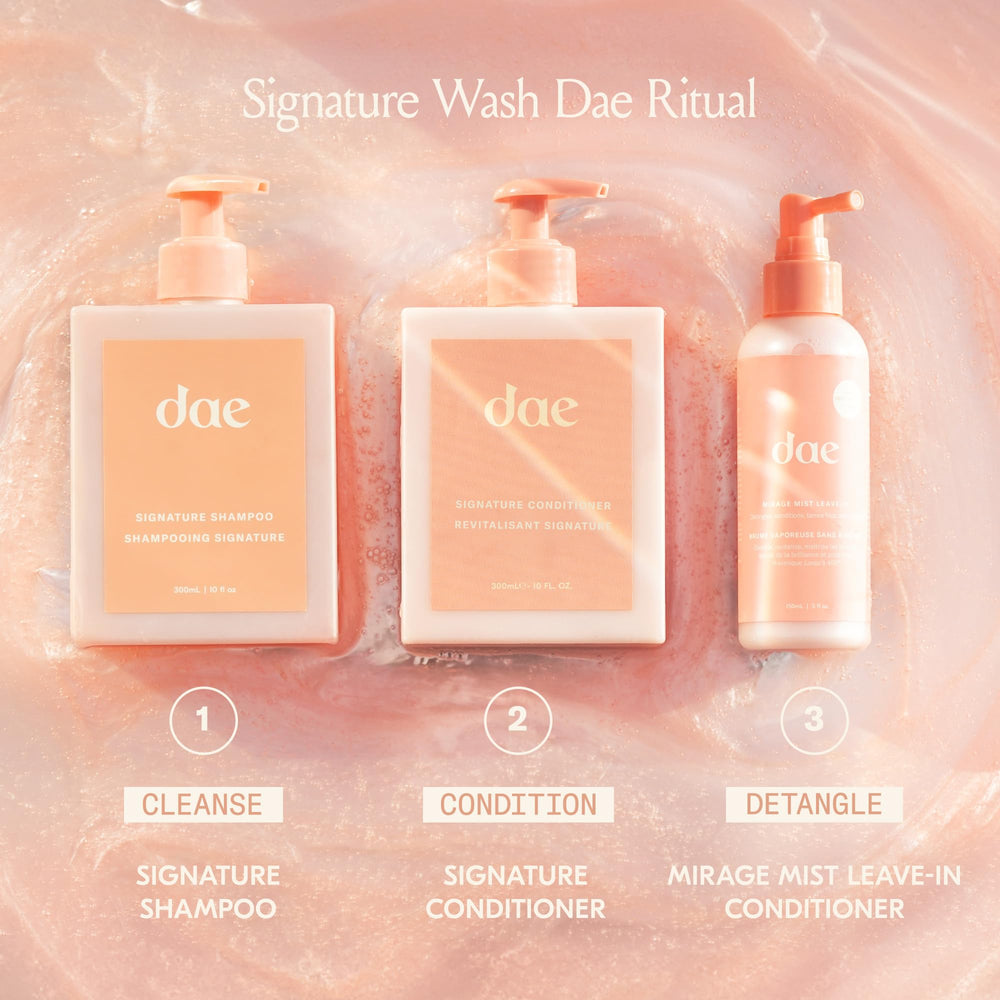 DAE Signature Shampoo bottle with eco-packaging emphasizes vegan, recyclable packaging