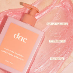 DAE Signature Shampoo bottle on sink highlights hydration-focused cleansing