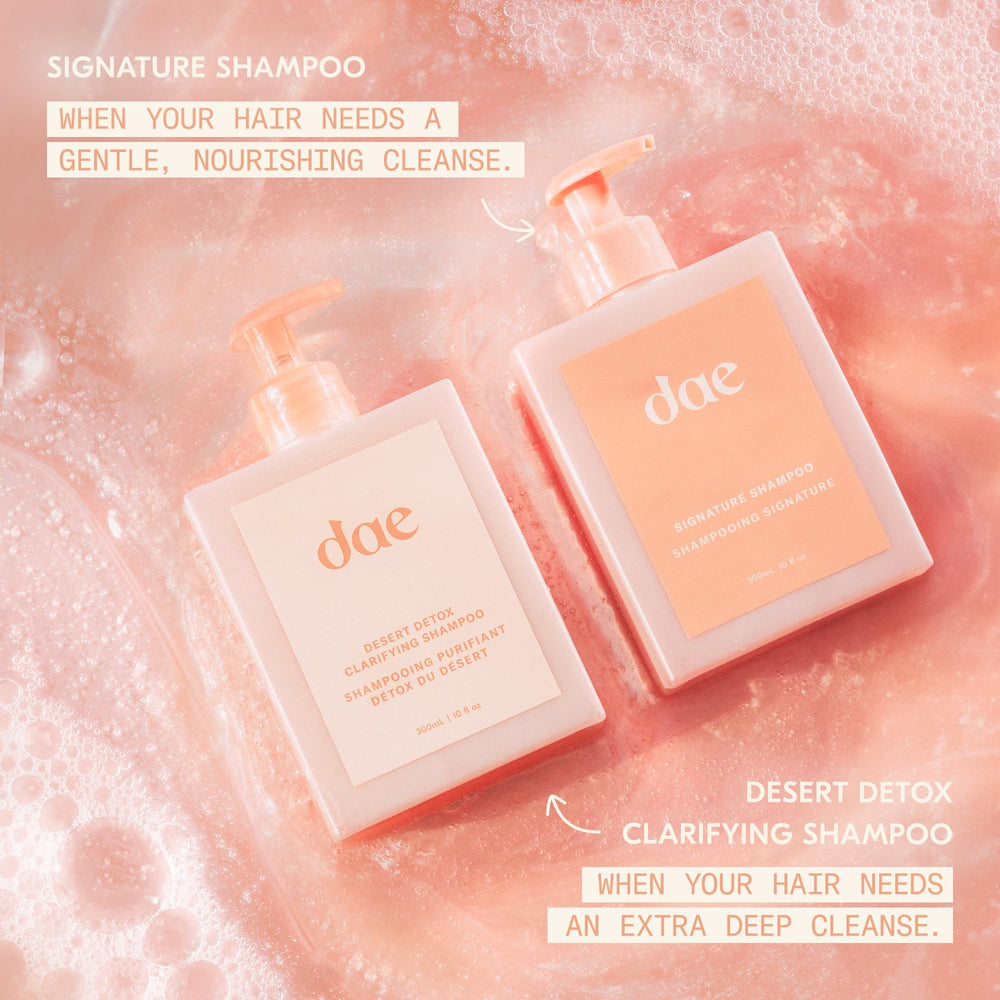 DAE Signature Shampoo clean bathroom setup highlights safe, dye-free formula