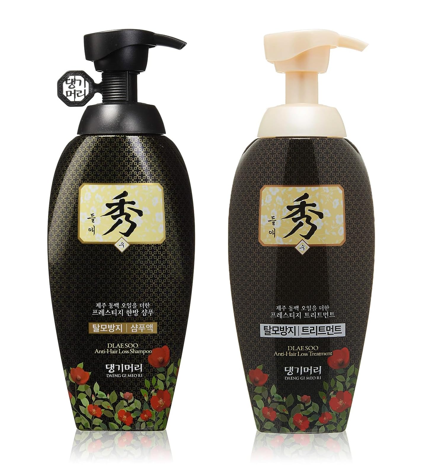 Daeng Gi Meo Ri Dlaesoo shampoo and treatment set bottle display for nourishing scalp care.