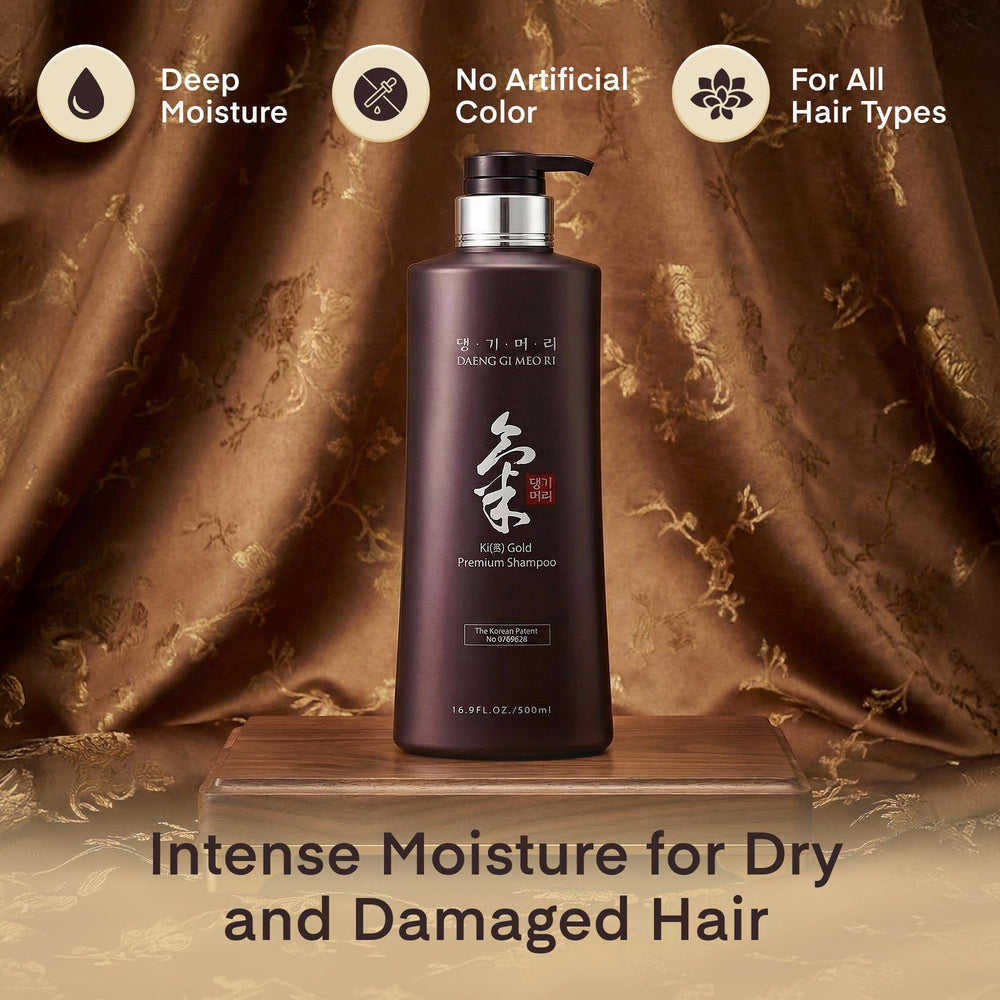 Daeng Gi Meo Ri Ki Gold Premium bottle close-up focusing on scalp care benefits.
