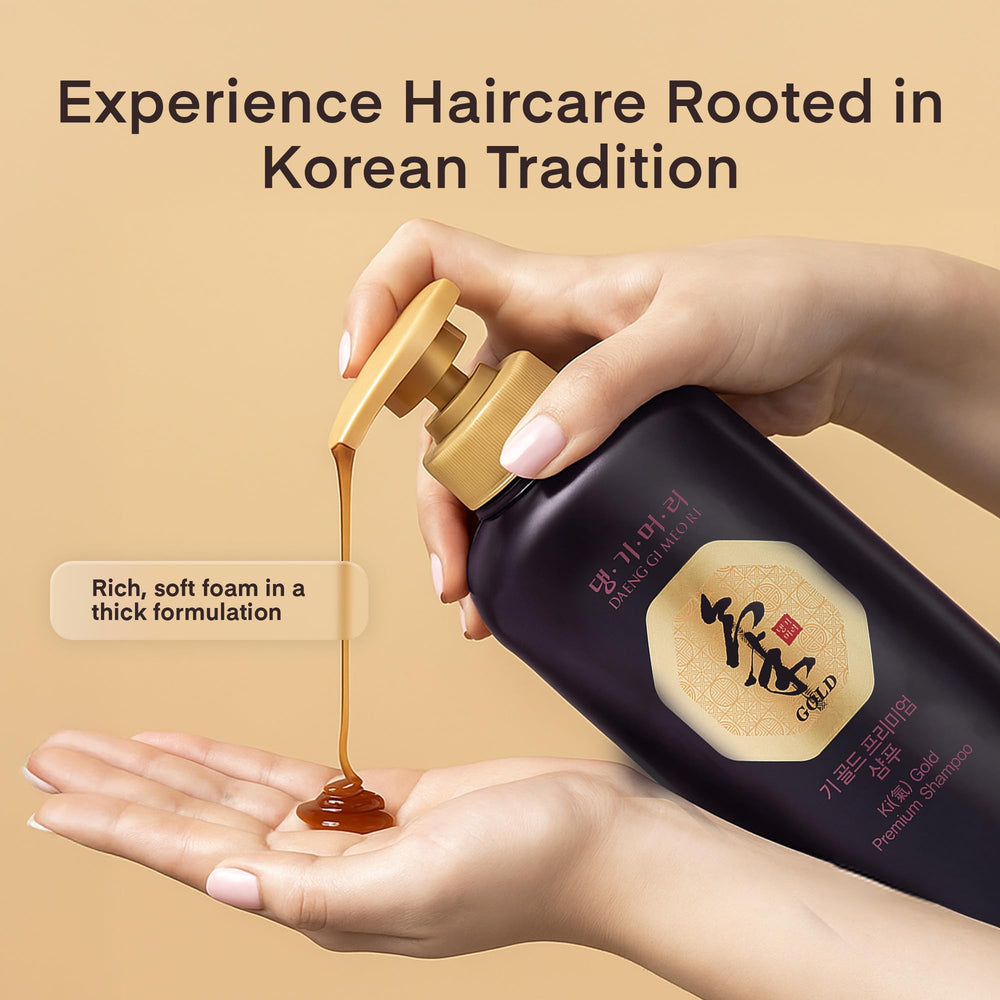Daeng Gi Meo Ri Ki Gold Premium Shampoo ginseng infusion closeup highlights revitalizing aroma