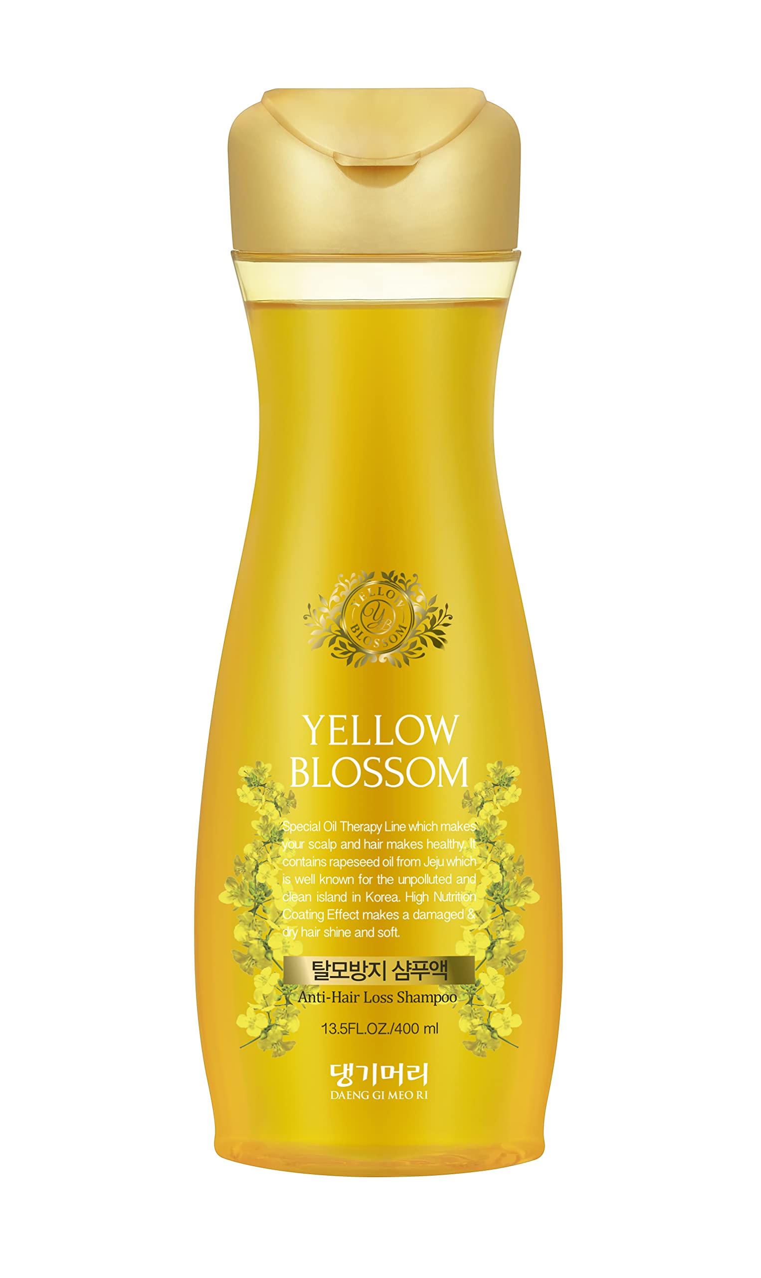 Daeng Gi Meo Ri Yellow Blossom Shampoo bottle highlighting rapeseed oil for nourished scalp