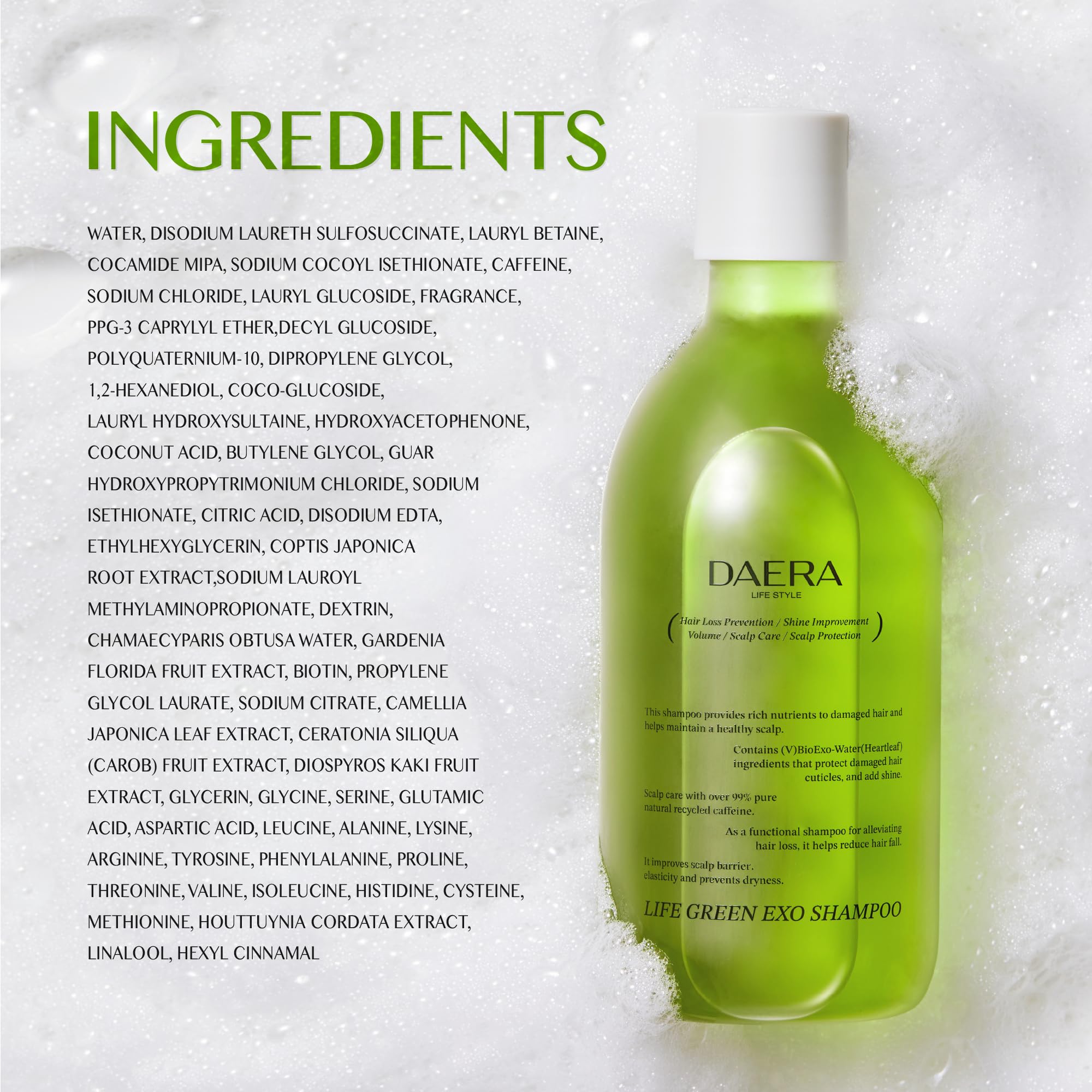 DAERA Life Green Exo Shampoo beside leaves illustrating natural approach