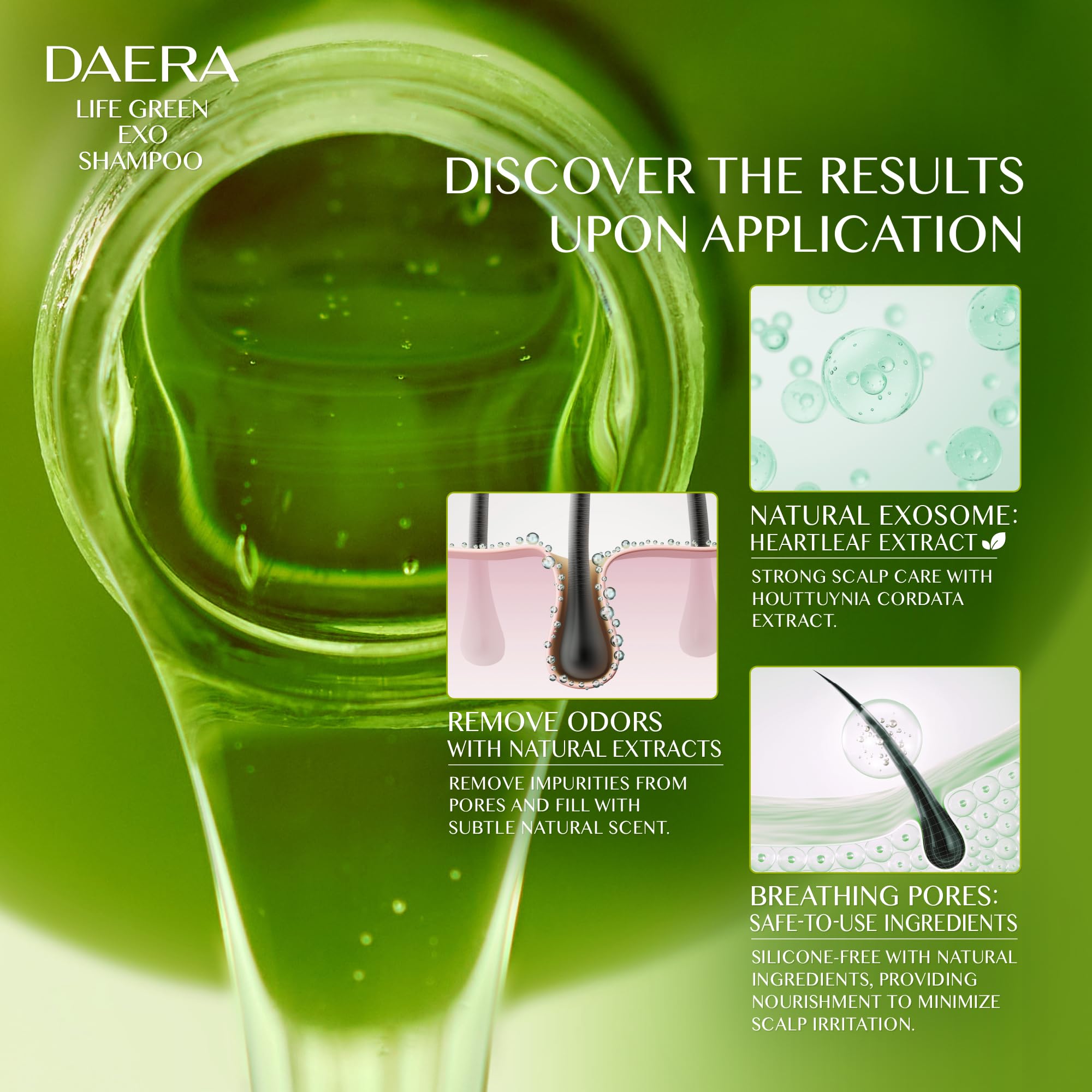 DAERA Life Green Exo Shampoo bottle with green leaves and natural scent