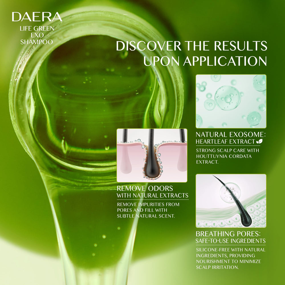 DAERA Life Green Exo Shampoo bottle with green leaves and natural scent