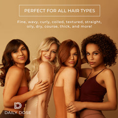 DAILY DOSE model with all-hair-types caption demonstrating versatile use.