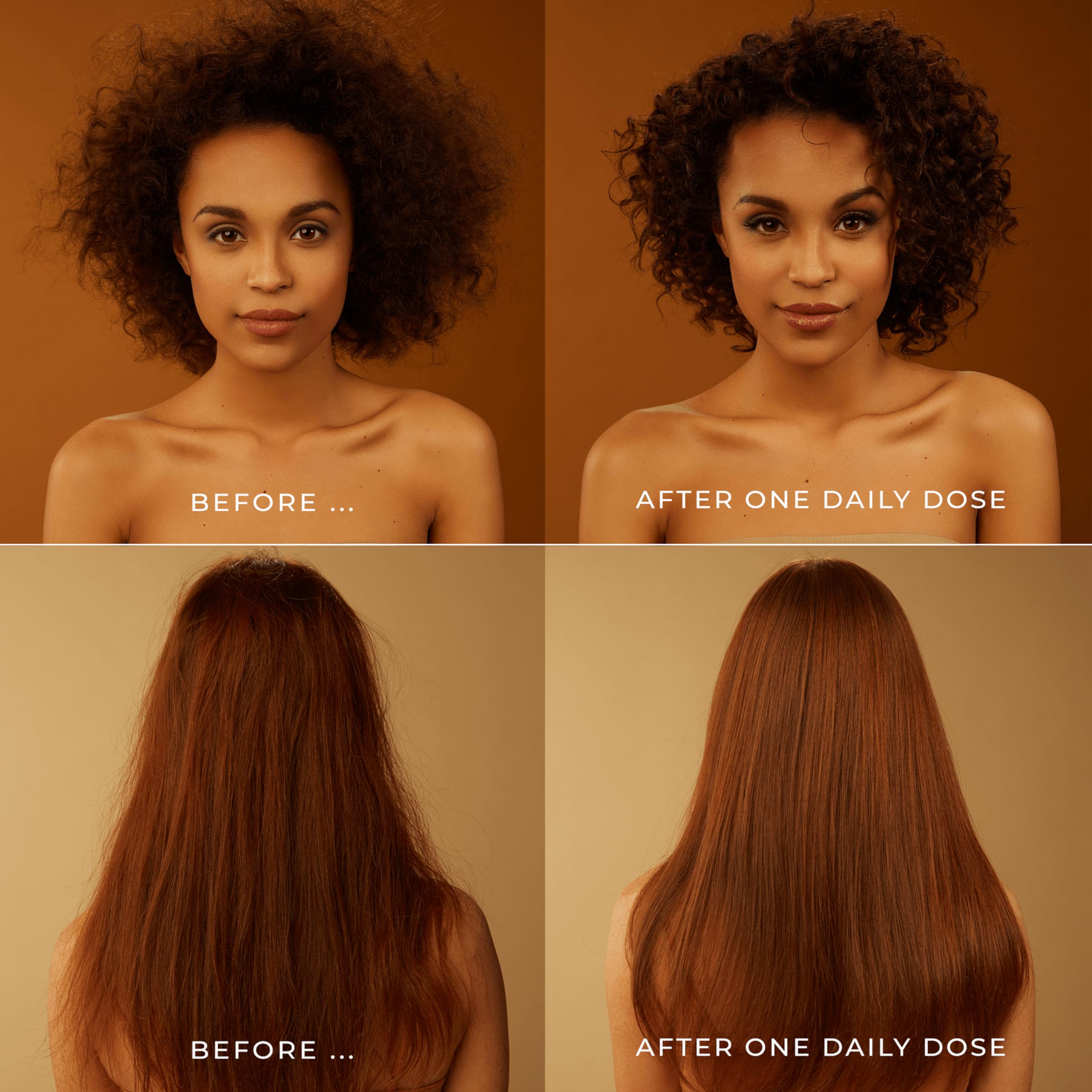DAILY DOSE frizz-control close-up showing sleek, frizz-free texture.