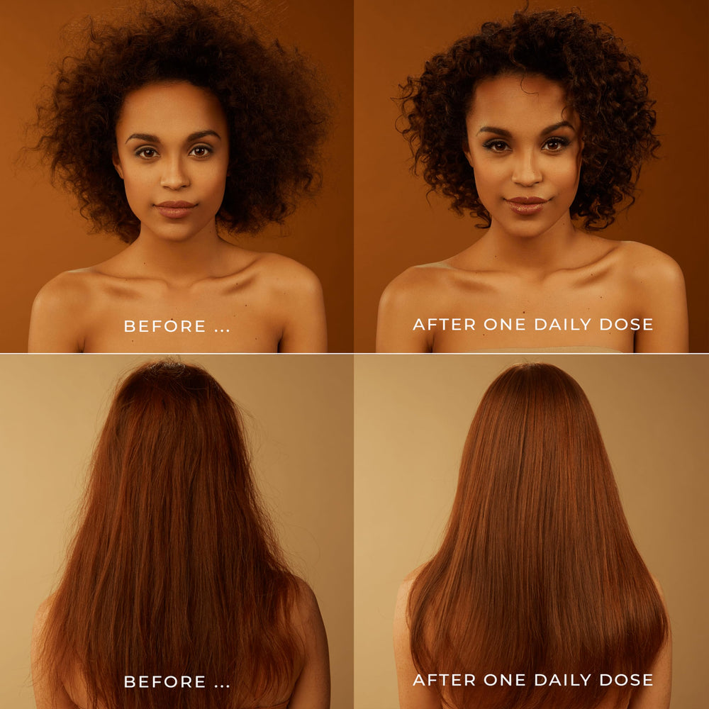 DAILY DOSE frizz-control close-up showing sleek, frizz-free texture.