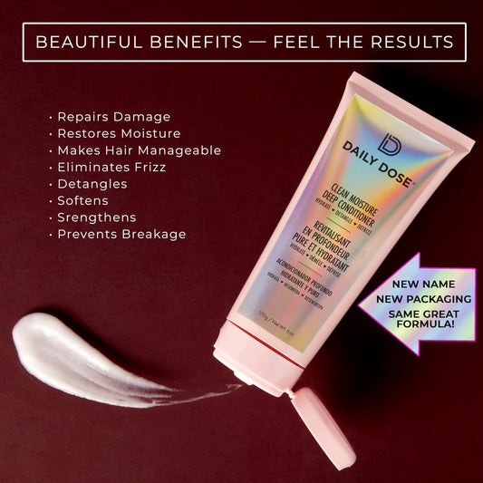 Daily Dose hair mask jar showcases rich formula for frizz control and shine.