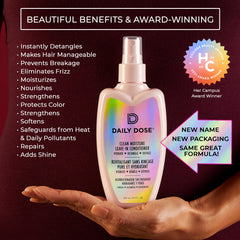 Daily Dose Leave-In Conditioner spray mist evenly coats hair for frizz control.