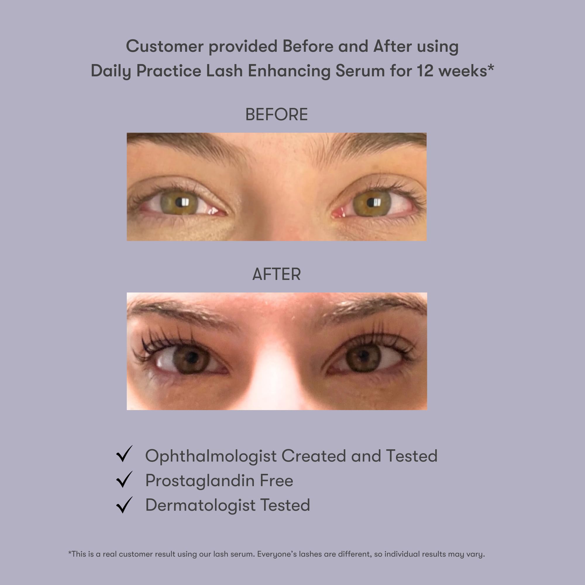 Daily Practice Lash Serum eye-safety profile supports sensitive eyes during nightly use.