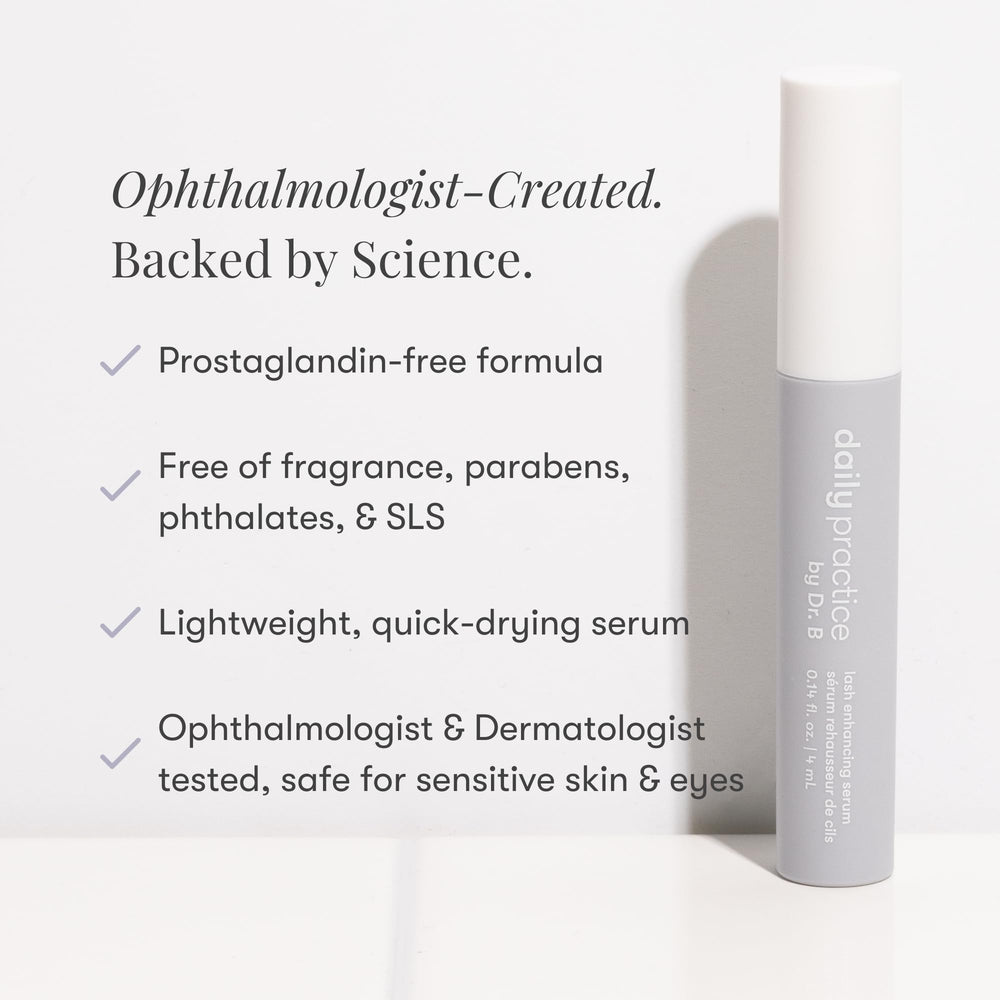 Daily Practice Lash Serum precision applicator shown applying along the lash line.