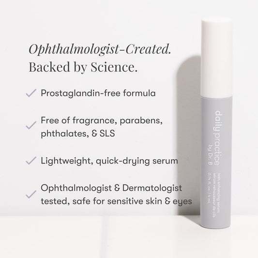 Daily Practice Lash Serum precision applicator shown applying along the lash line.