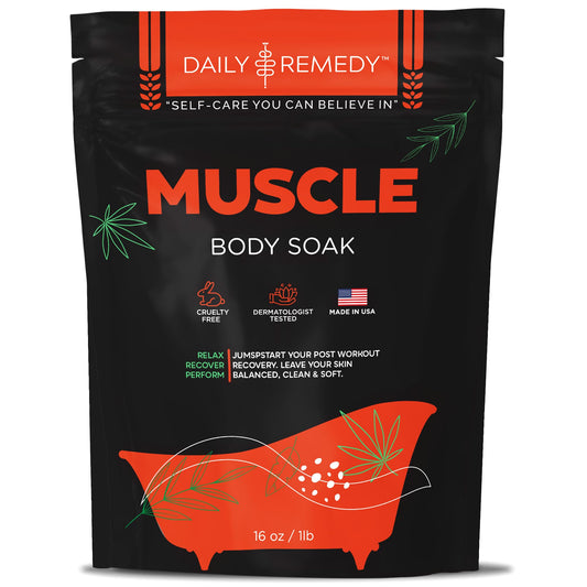 Daily Remedy Body Soak bottle pouring Epsom salt for muscle relaxation after workouts.