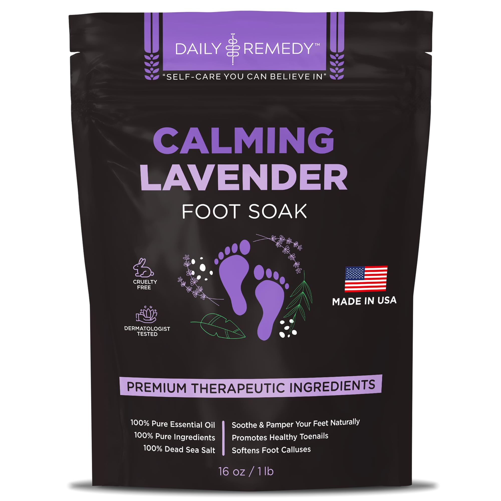 Daily Remedy Calming Lavender Foot Soak bottle promotes relaxation after a long day.