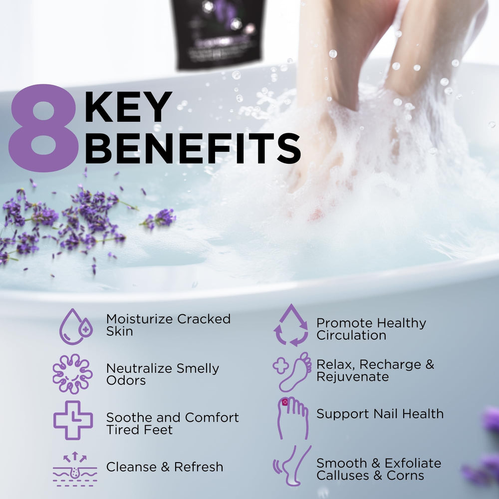 Epsom salt grains from Daily Remedy Calming Lavender Foot Soak for comfortable foot care.