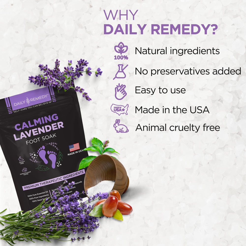 USA-made label on Daily Remedy Calming Lavender Foot Soak signals trusted quality.
