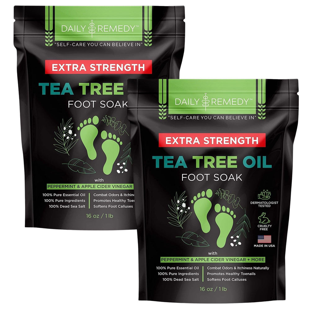 Daily Remedy extra-strength tea tree foot soak bottle for refreshing foot care.