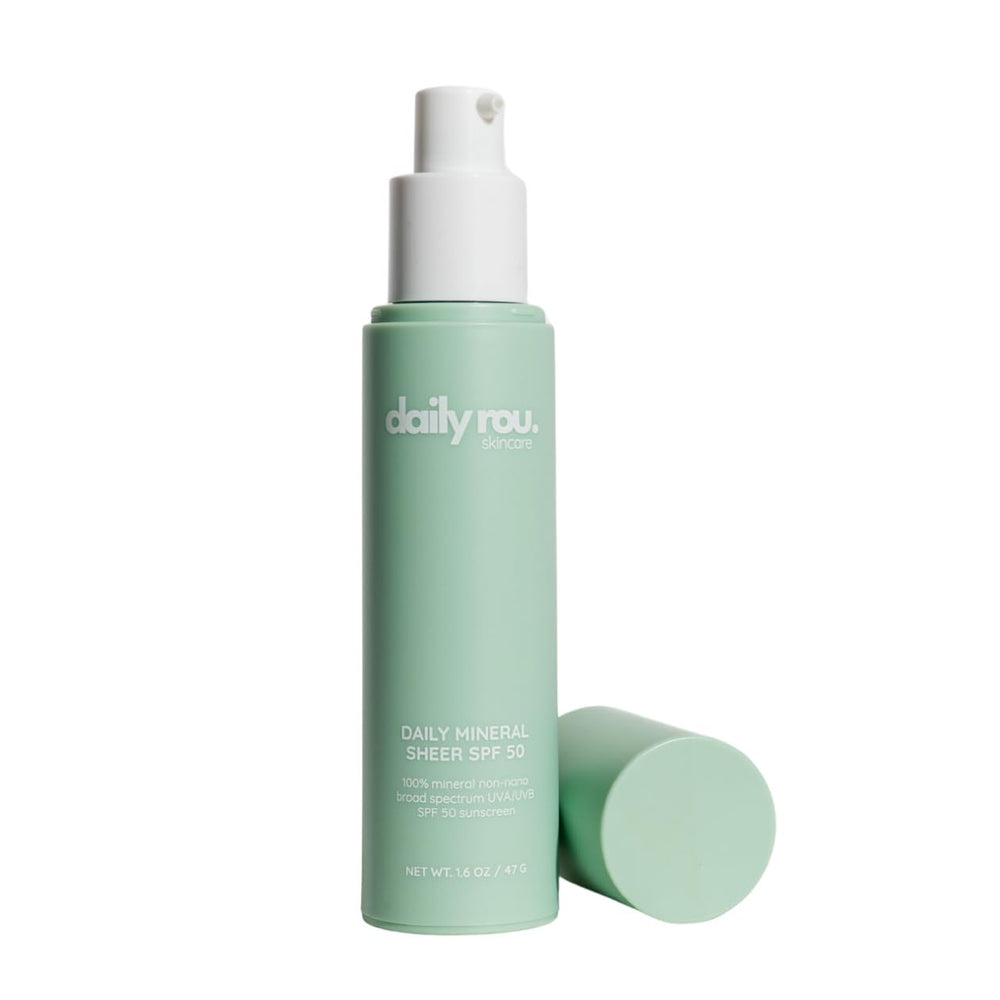 DailyRou Daily Mineral Sunscreen bottle shows light tint for even skin tone.