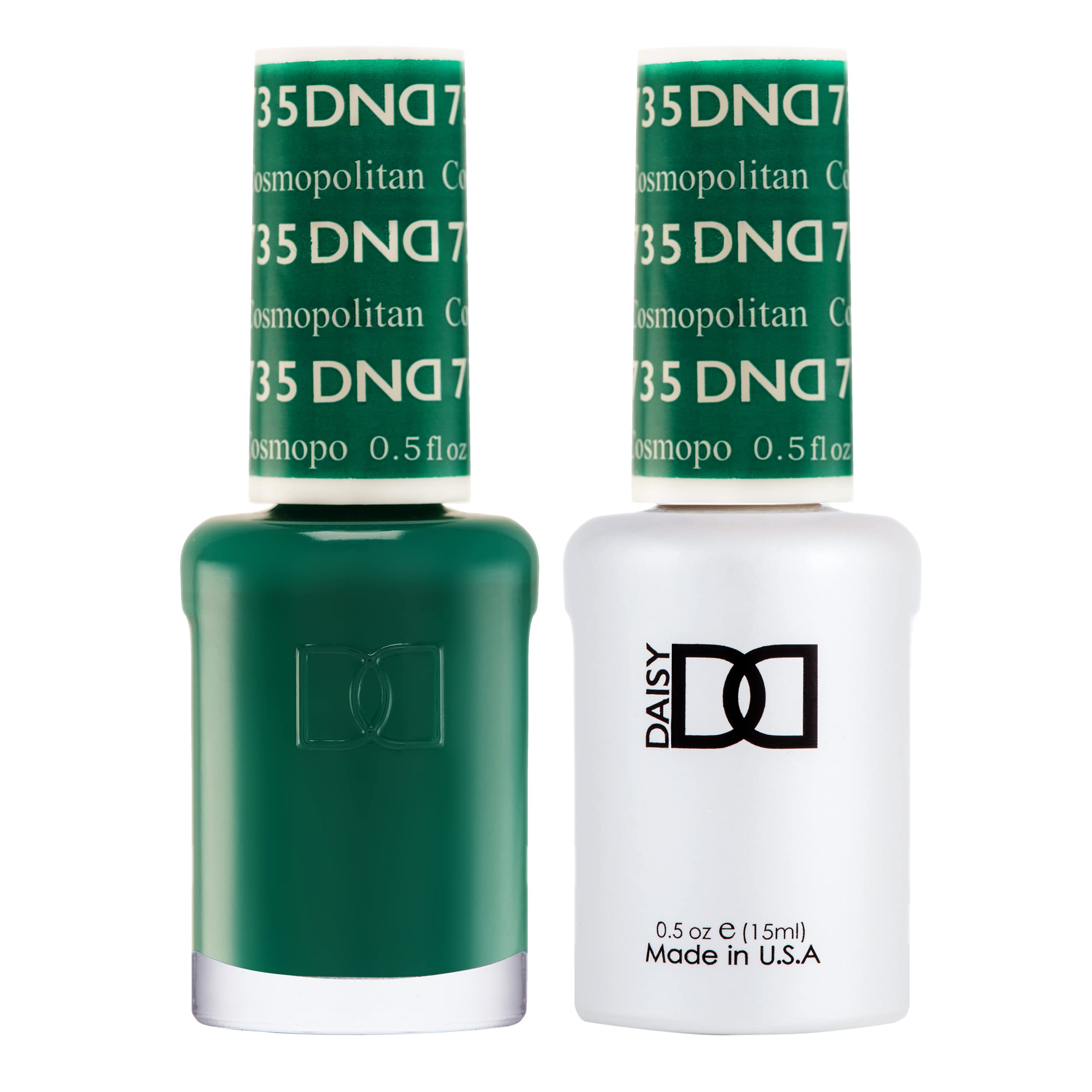 DAISY DND Cosmopolitan 735 gel polish bottle in bold jade green for long-lasting color