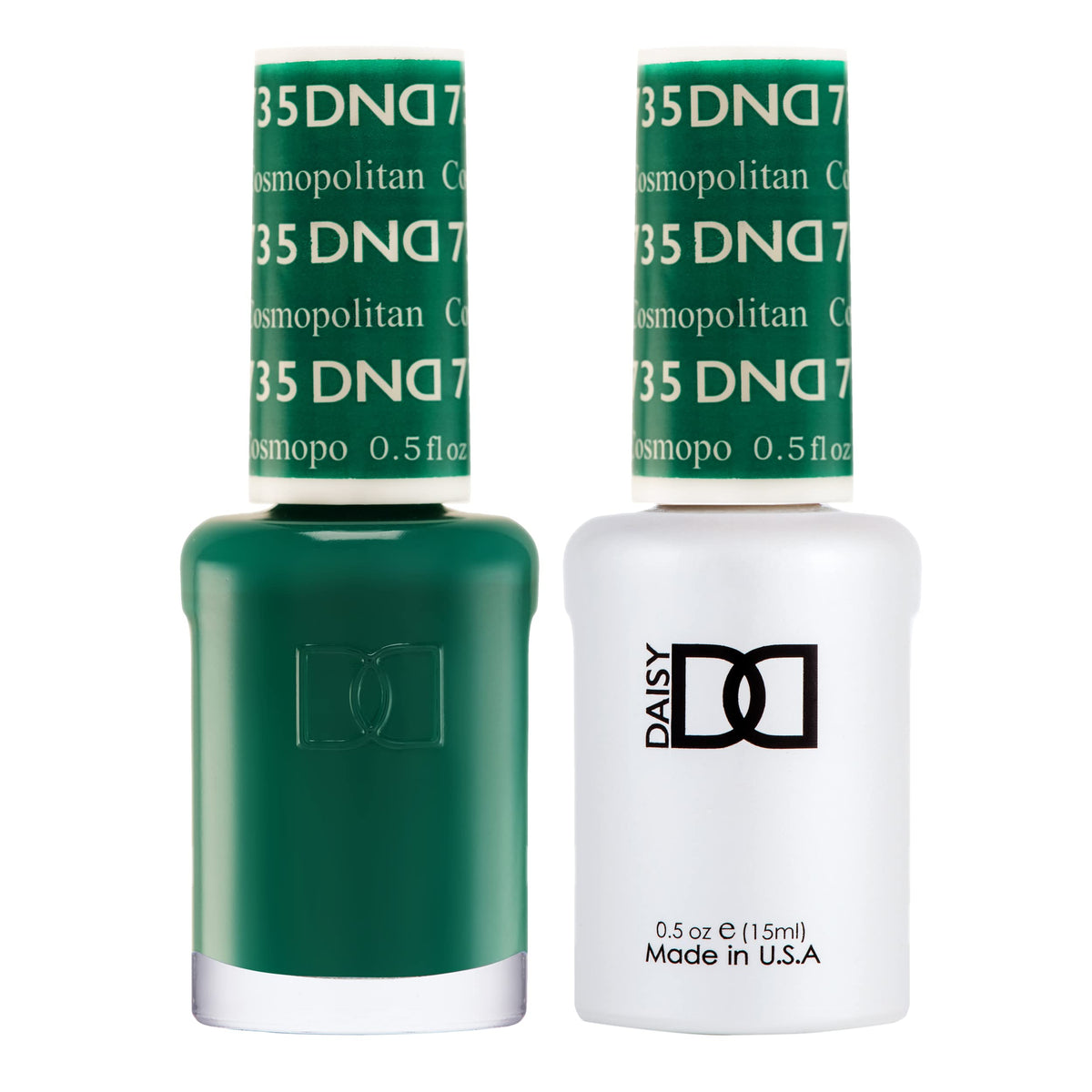 DAISY DND Cosmopolitan 735 gel polish bottle in bold jade green for long-lasting color