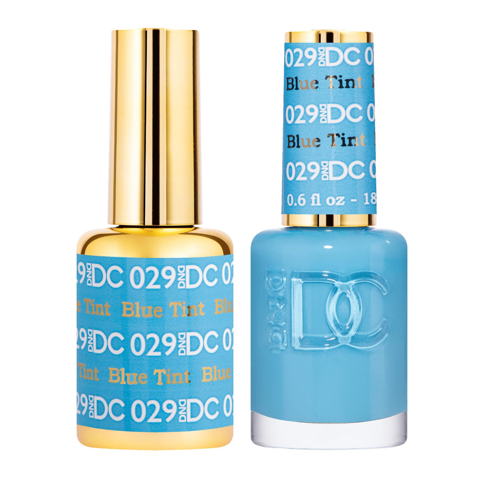 DAISY DND DC Gel Polish bottle close-up showing blue tint and glossy finish