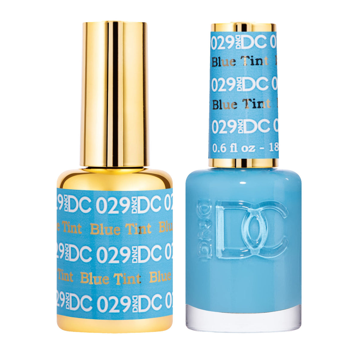DAISY DND DC Gel Polish bottle close-up showing blue tint and glossy finish