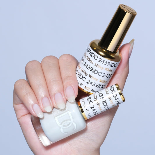 DAISY DND DC gel polish Milky White 2439 swatch shows sheer, blendable coverage.