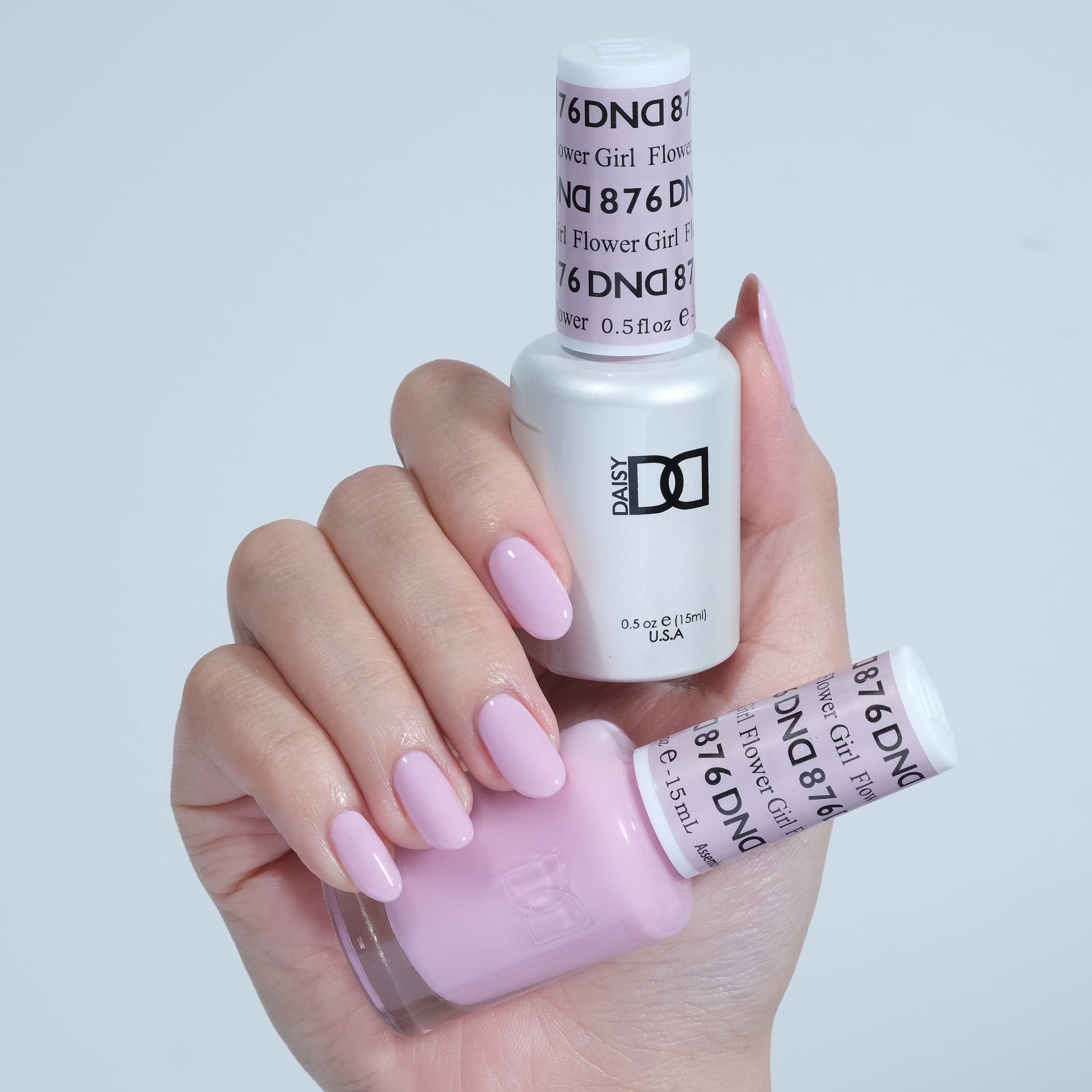 Daisy DND Flower Girl 876 lacquer swatches complement matching gel color for coordinated looks.