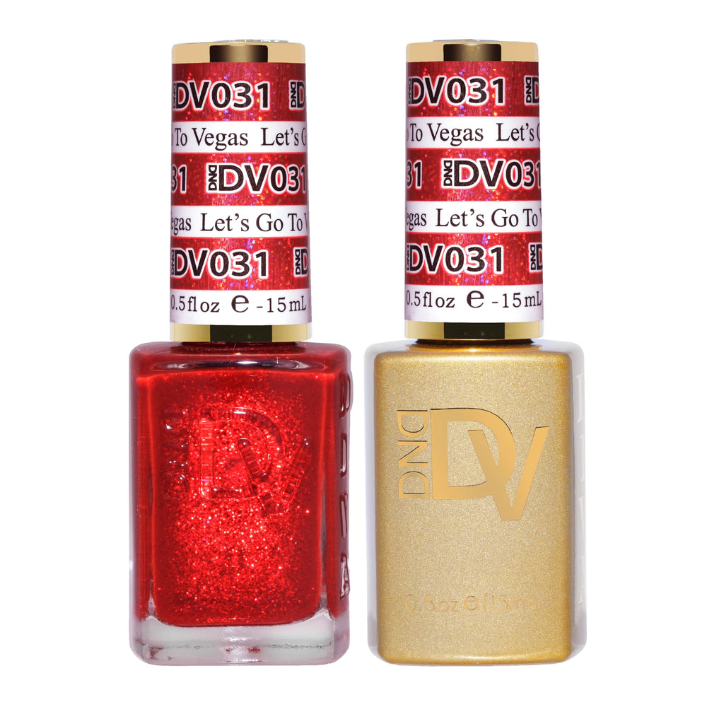DAISY DND Gel Diva polish set swatch showing red glitter for glam nails