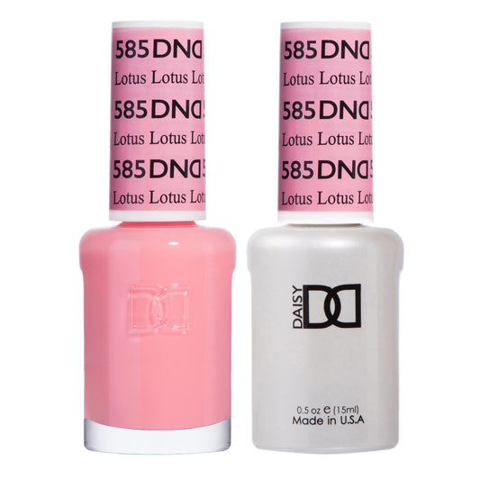 DAISY DND Lotus 585 gel polish bottle close-up, creamy pink tone with long-lasting color.