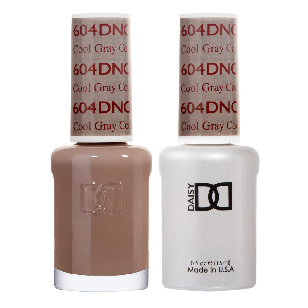 DAISY DND gel polish Cool Gray 604 bottle front view for a cool neutral finish.