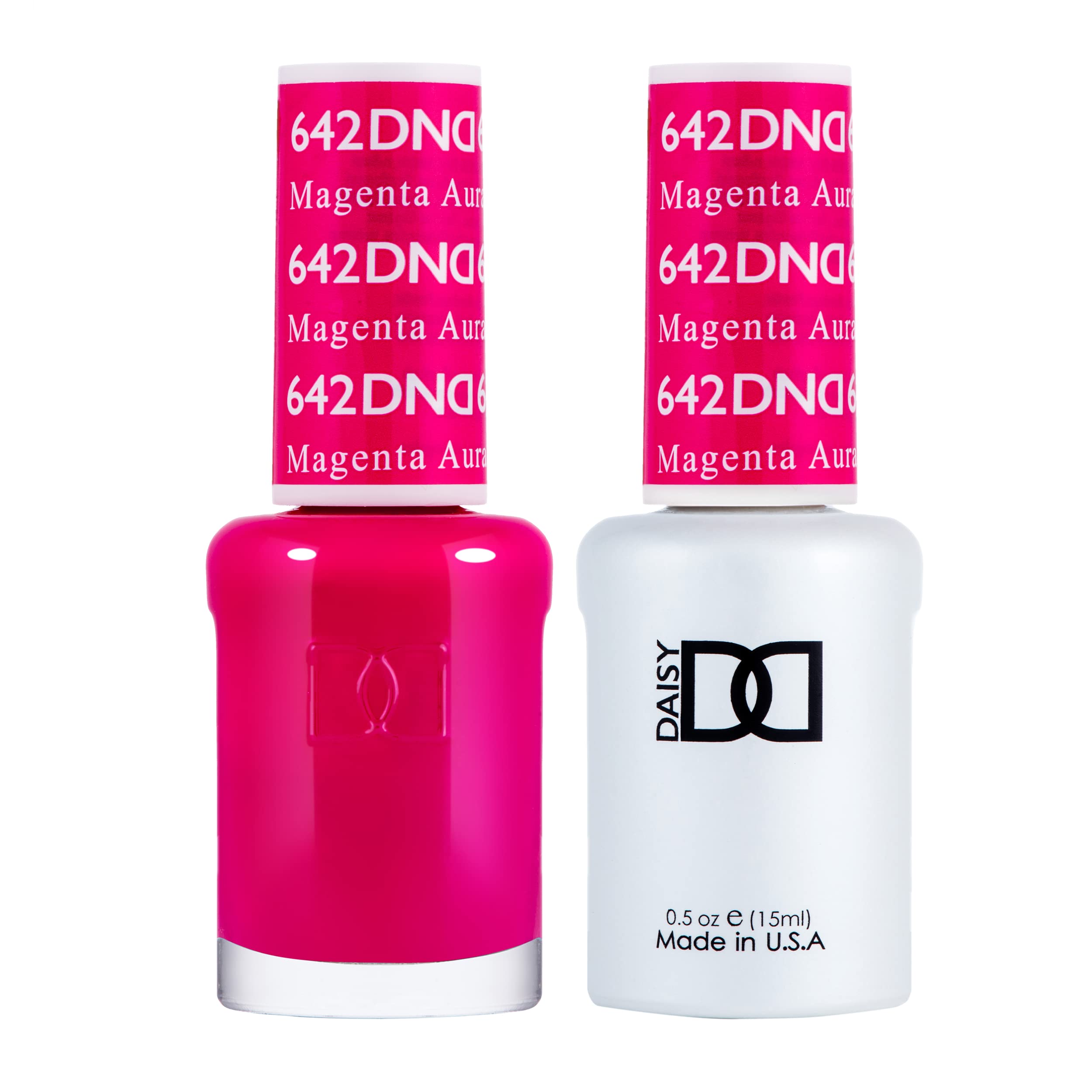 Daisy DND Magenta Aura gel bottle front showing bold color and shine for nails.