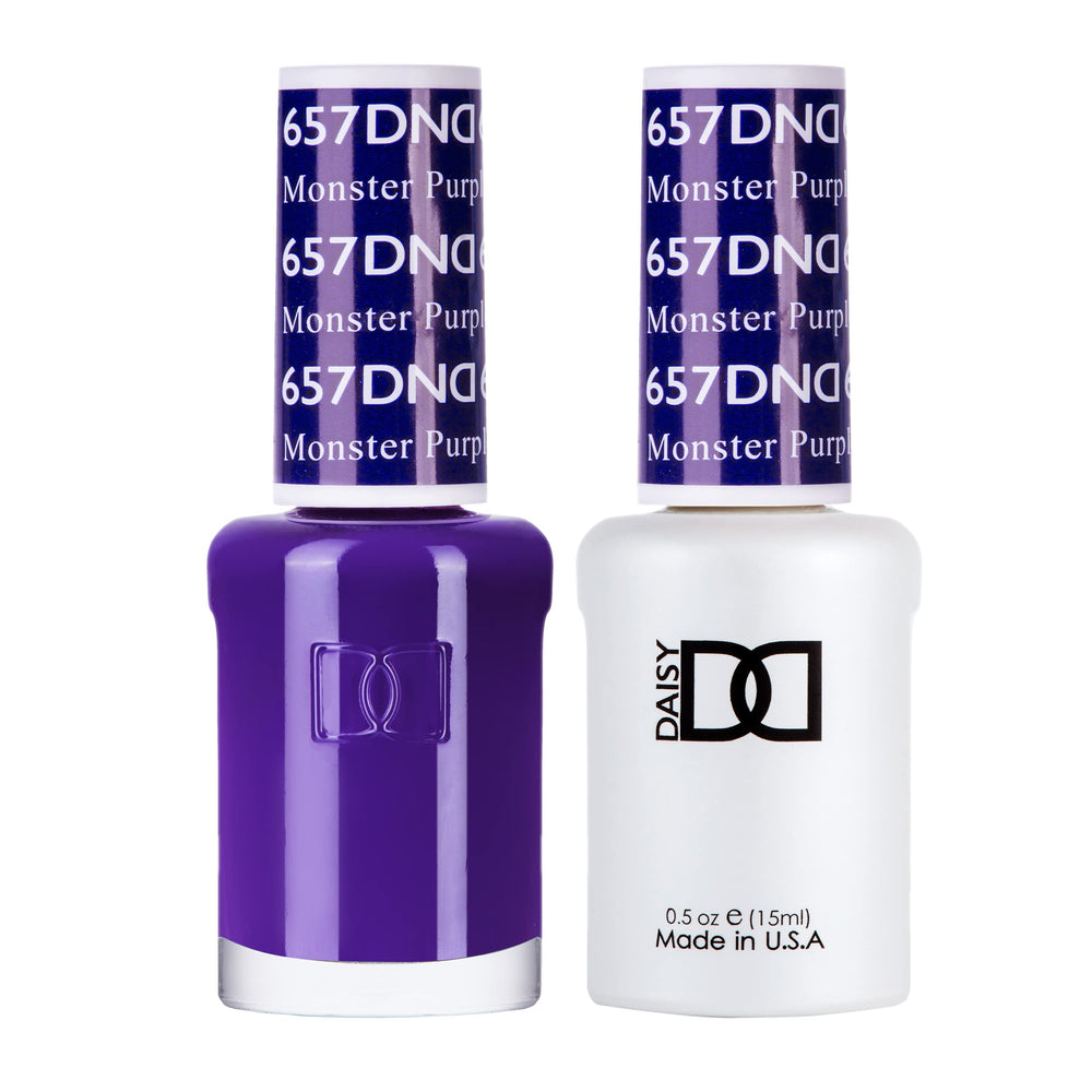 DAISY DND Monster Purple 657 duo pack bottles ready for a bold, chip-free manicure.